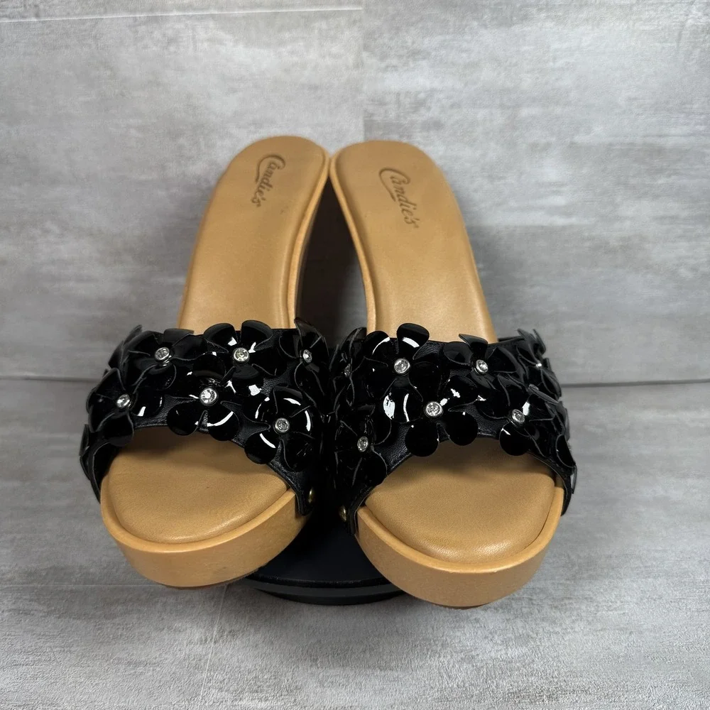 Candie's Gold and Black Floral Studded High Heel Mules - Picture 2 of 10